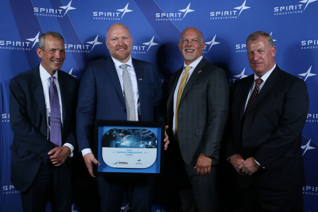 Modig Machine Tool was privileged to receive Spirit AeroSystems Supplier Innovation Award . Tom Gentile, David Modig, Keith Lopez, Alan Young